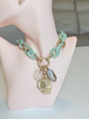 Mint Chain-Link Charm Necklace with Gold Accents
